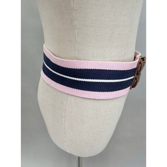 Polo Ralph Lauren Pink Navy Striped Webbed Canvas Double Buckle Belt Size Small - Picture 15 of 16